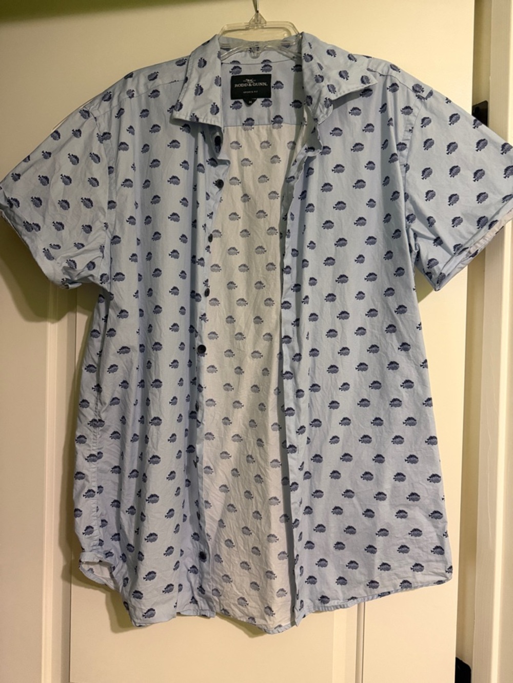 Rodd & Gunn Light Blue Short Sleeve Button-Down with Navy Print